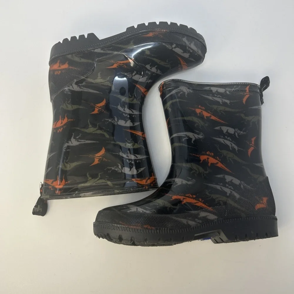 Capelli New York Boys Dinosaur‎ Rain Boots Size 3 Kids Black Orange Waterproof